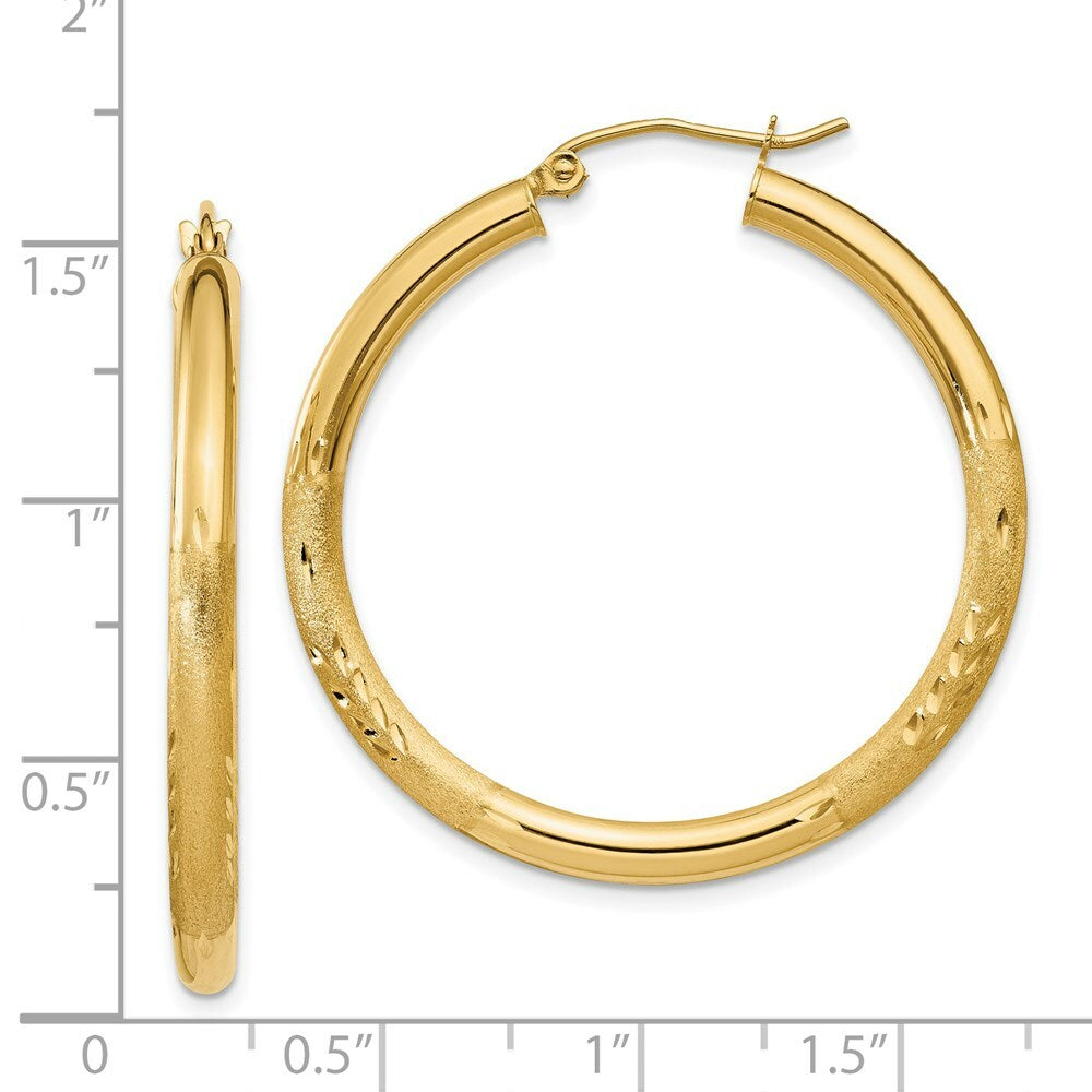 14K Yellow Gold Satin & Diamond-cut 3mm Round Hoop Earrings 35mm length