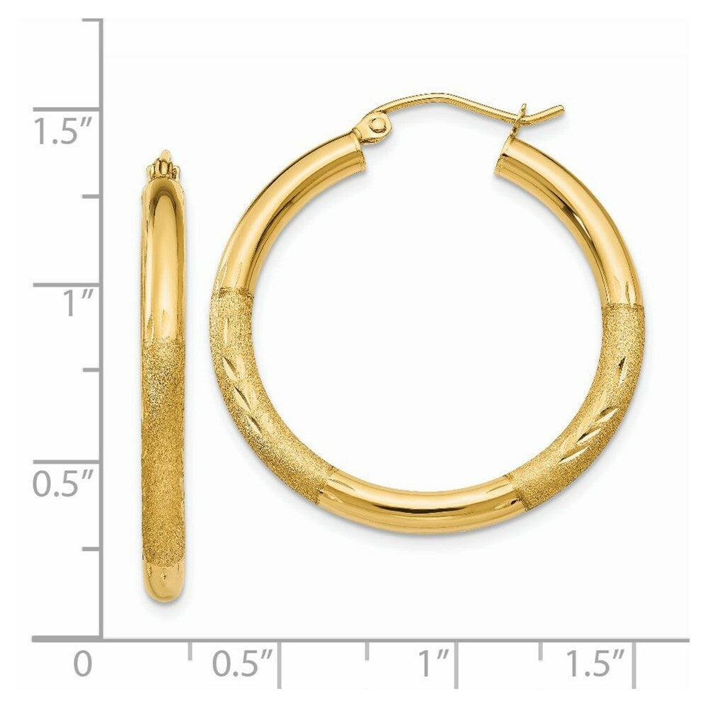 14K Yellow Gold Satin & Diamond-cut 3mm Round Hoop Earrings 30mm length