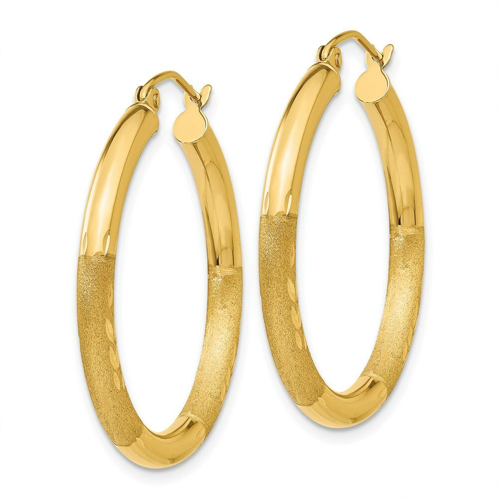 14K Yellow Gold Satin & Diamond-cut 3mm Round Hoop Earrings 30mm length