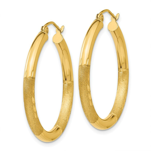 14K Yellow Gold Satin & Diamond-cut 3mm Round Hoop Earrings 30mm length