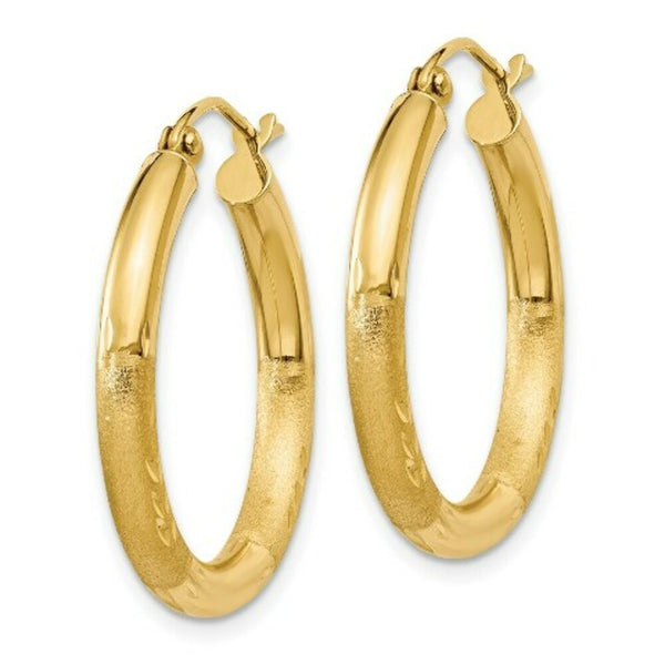 14K Yellow Gold Satin & Diamond-cut 3mm Round Hoop Earrings 25mm length
