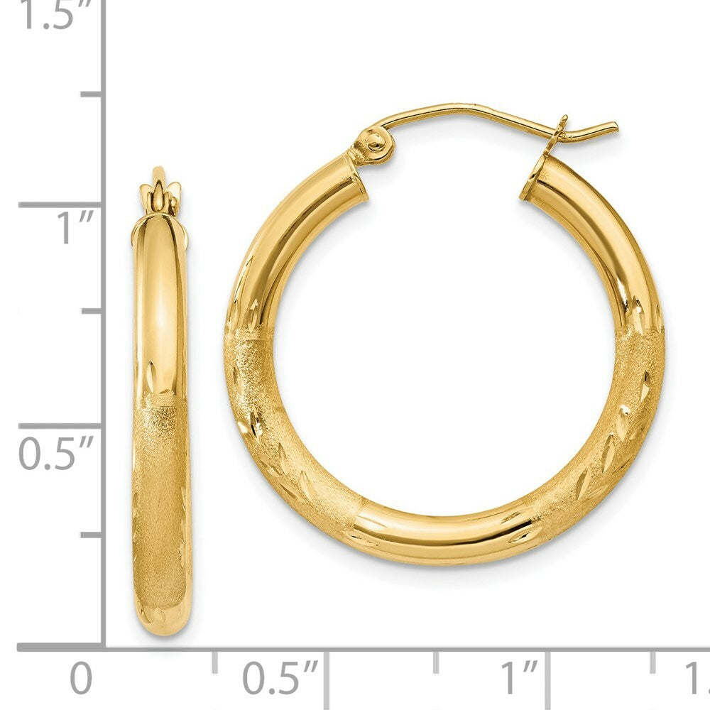 14K Yellow Gold Satin & Diamond-cut 3mm Round Hoop Earrings 25mm length