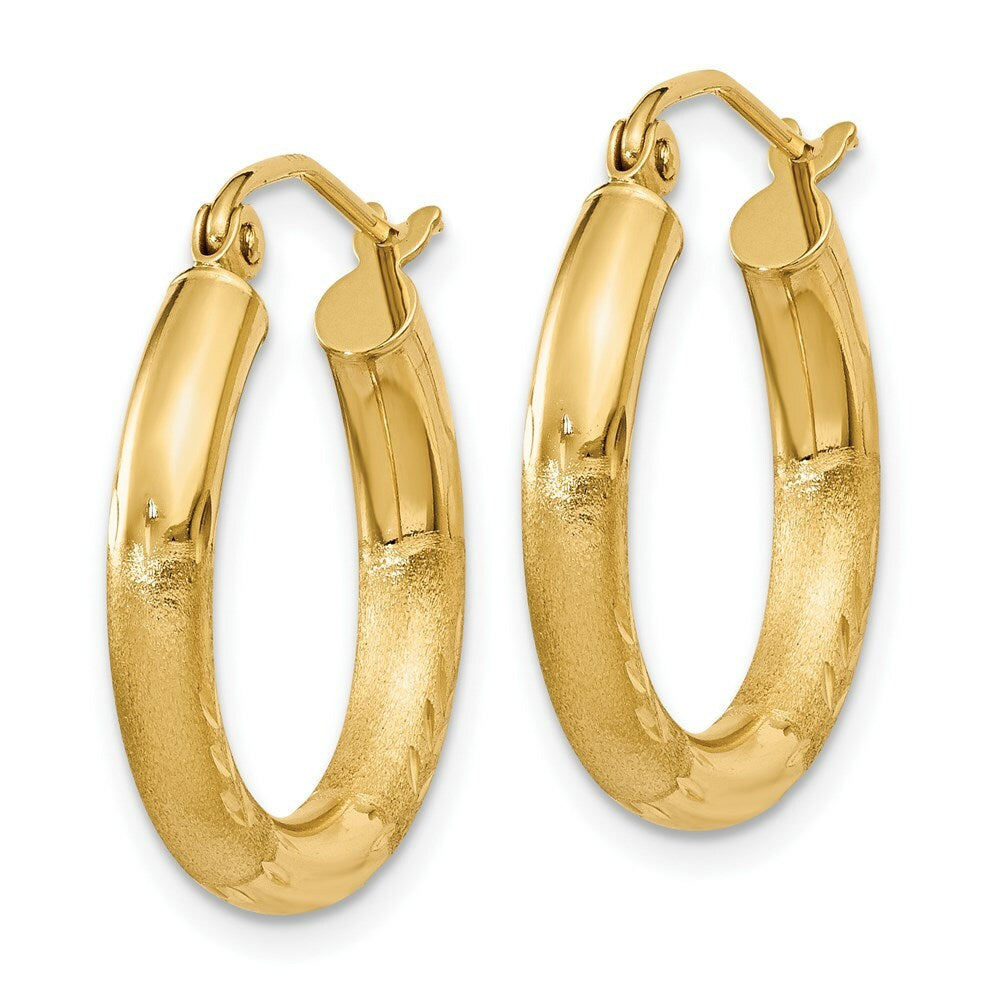 14K Yellow Gold Satin & Diamond-cut 3mm Round Hoop Earrings 20mm length