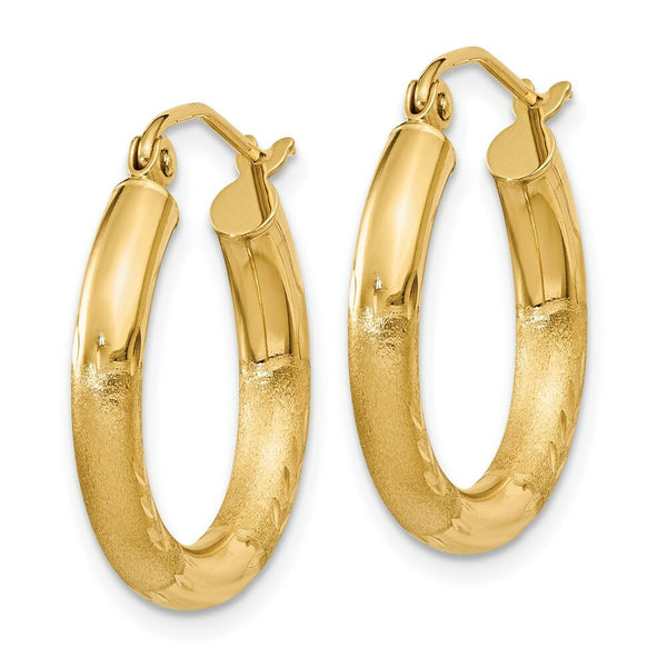 14K Yellow Gold Satin & Diamond-cut 3mm Round Hoop Earrings 20mm length