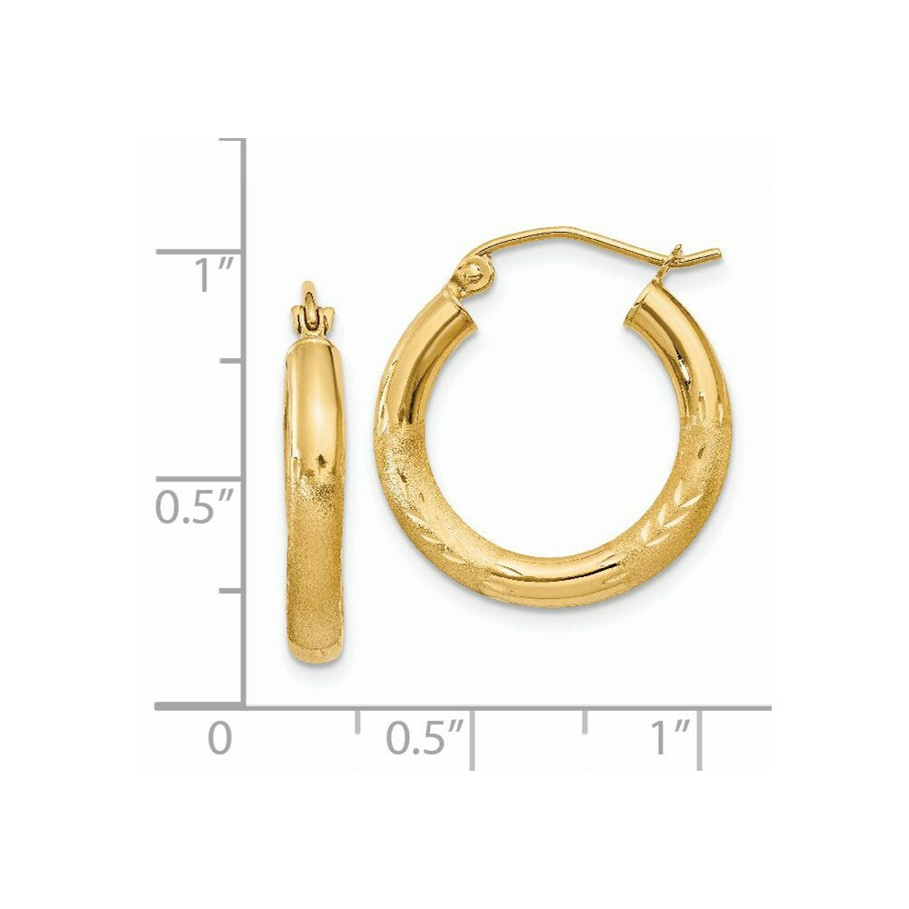 14K Yellow Gold Satin & Diamond-cut 3mm Round Hoop Earrings 20mm length