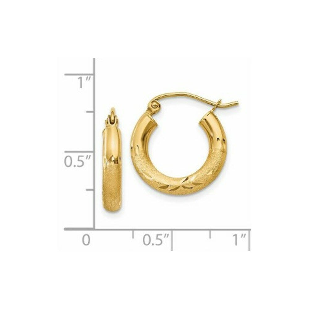 14K Yellow Gold Satin & Diamond-cut 3mm Round Hoop Earrings 16mm length