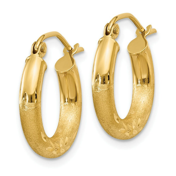 14K Yellow Gold Satin & Diamond-cut 3mm Round Hoop Earrings 16mm length