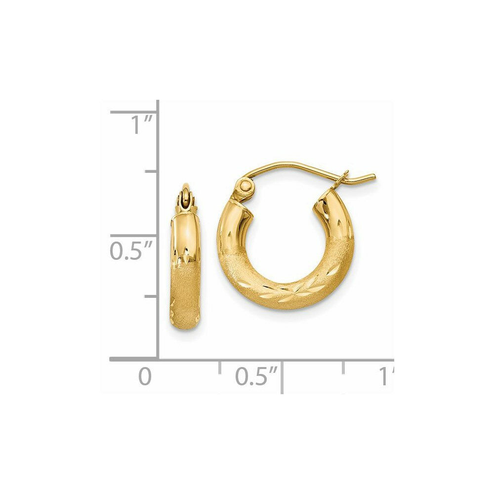 14K Yellow Gold Satin & Diamond-cut 3mm Round Hoop Earrings 14mm length