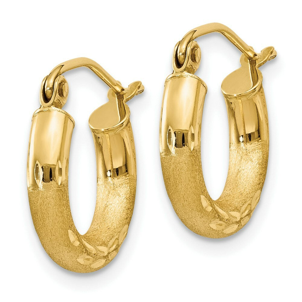 14K Yellow Gold Satin & Diamond-cut 3mm Round Hoop Earrings 14mm length
