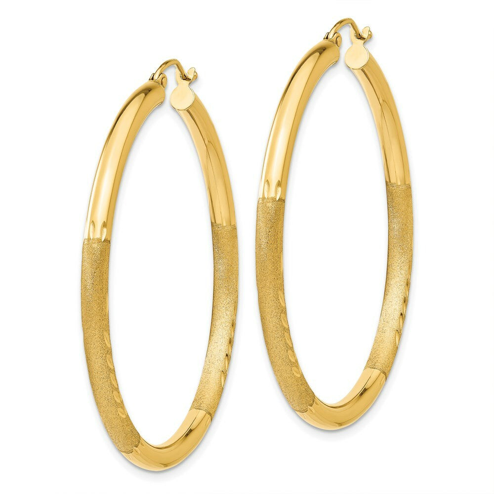 14K Yellow Gold Satin & Diamond-cut 3mm Round Hoop Earrings 45mm length