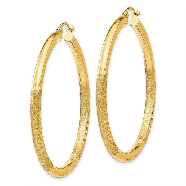 14K Yellow Gold Satin & Diamond-cut 3mm Round Hoop Earrings 45mm length