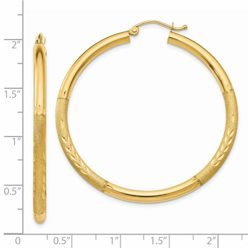 14K Yellow Gold Satin & Diamond-cut 3mm Round Hoop Earrings 45mm length