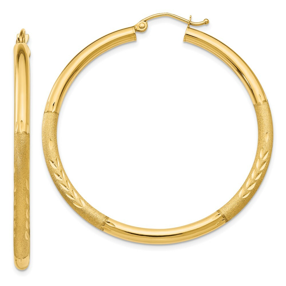 14K Yellow Gold Satin & Diamond-cut 3mm Round Hoop Earrings 45mm length