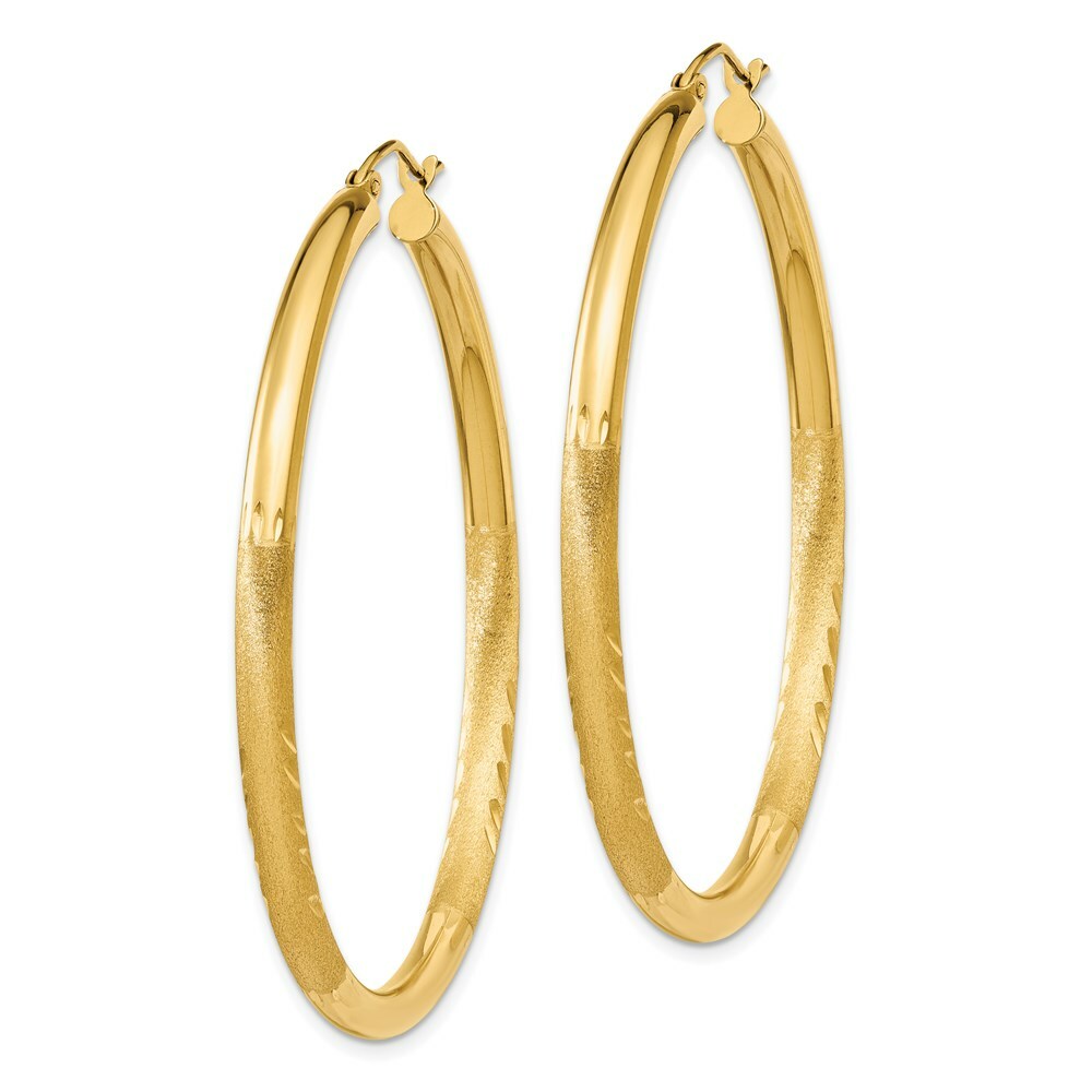 14K Yellow Gold Satin & Diamond-cut 3mm Round Hoop Earrings 50mm length