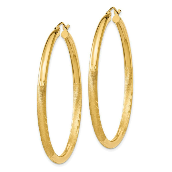 14K Yellow Gold Satin & Diamond-cut 3mm Round Hoop Earrings 50mm length