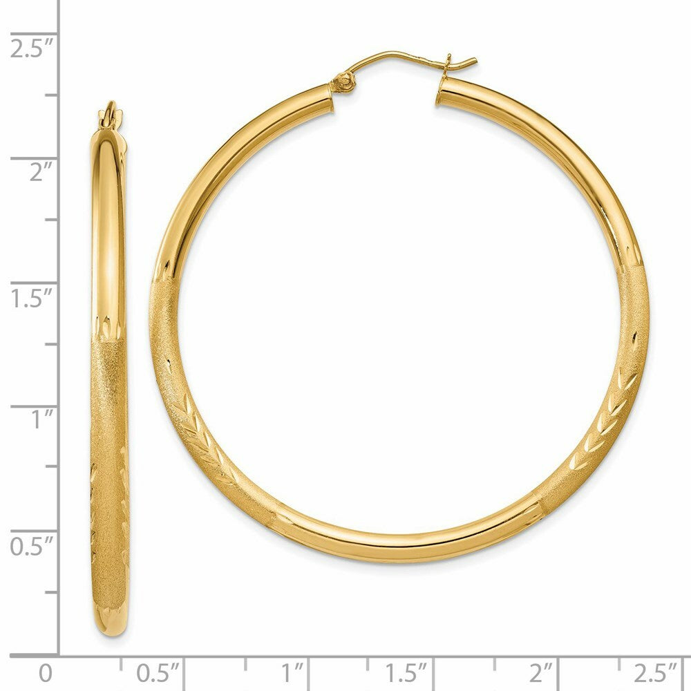 14K Yellow Gold Satin & Diamond-cut 3mm Round Hoop Earrings 50mm length