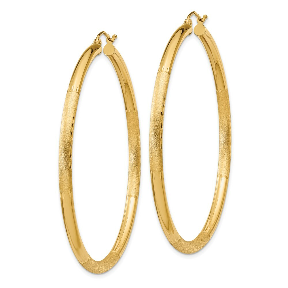 14K Yellow Gold Satin & Diamond-cut 3mm Round Hoop Earrings 55mm length