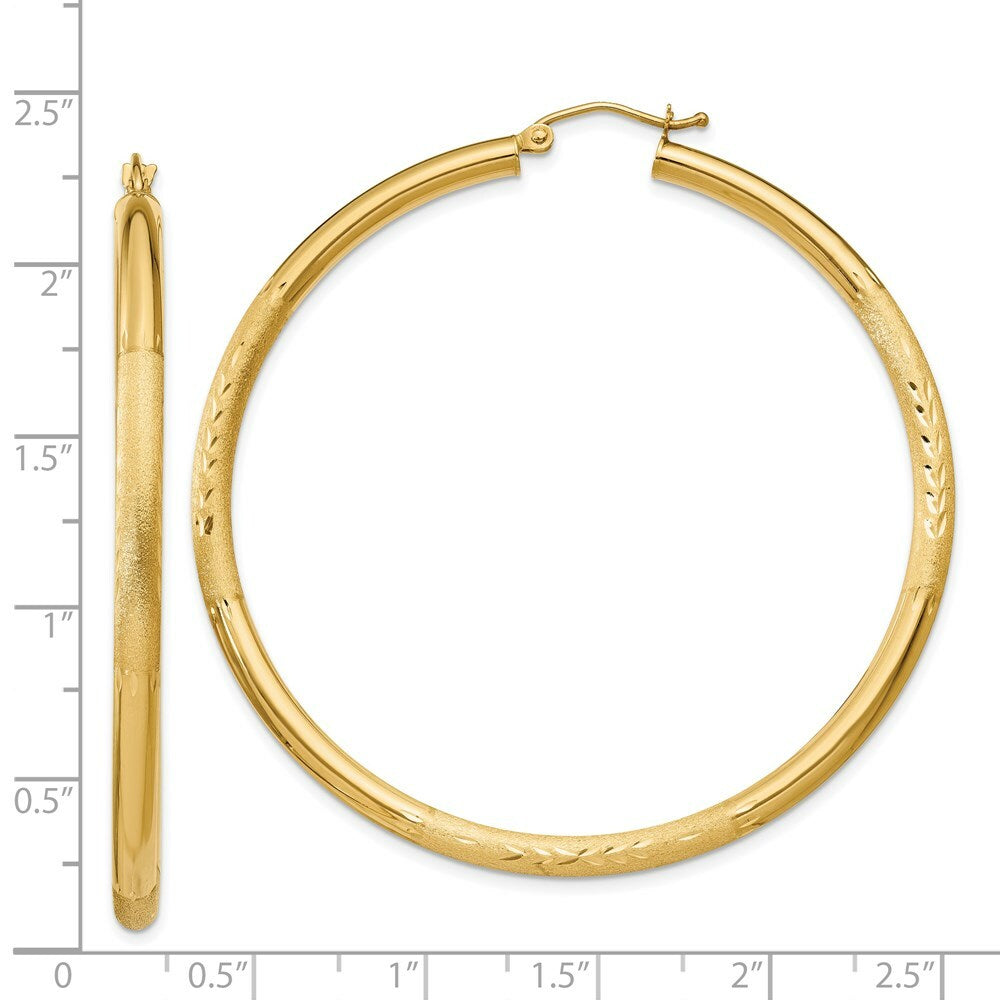14K Yellow Gold Satin & Diamond-cut 3mm Round Hoop Earrings 55mm length