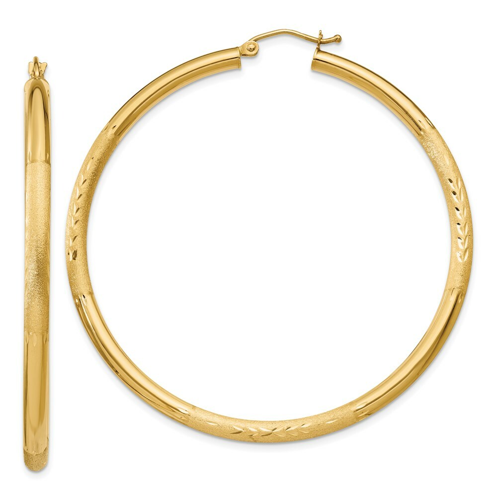 14K Yellow Gold Satin & Diamond-cut 3mm Round Hoop Earrings 55mm length
