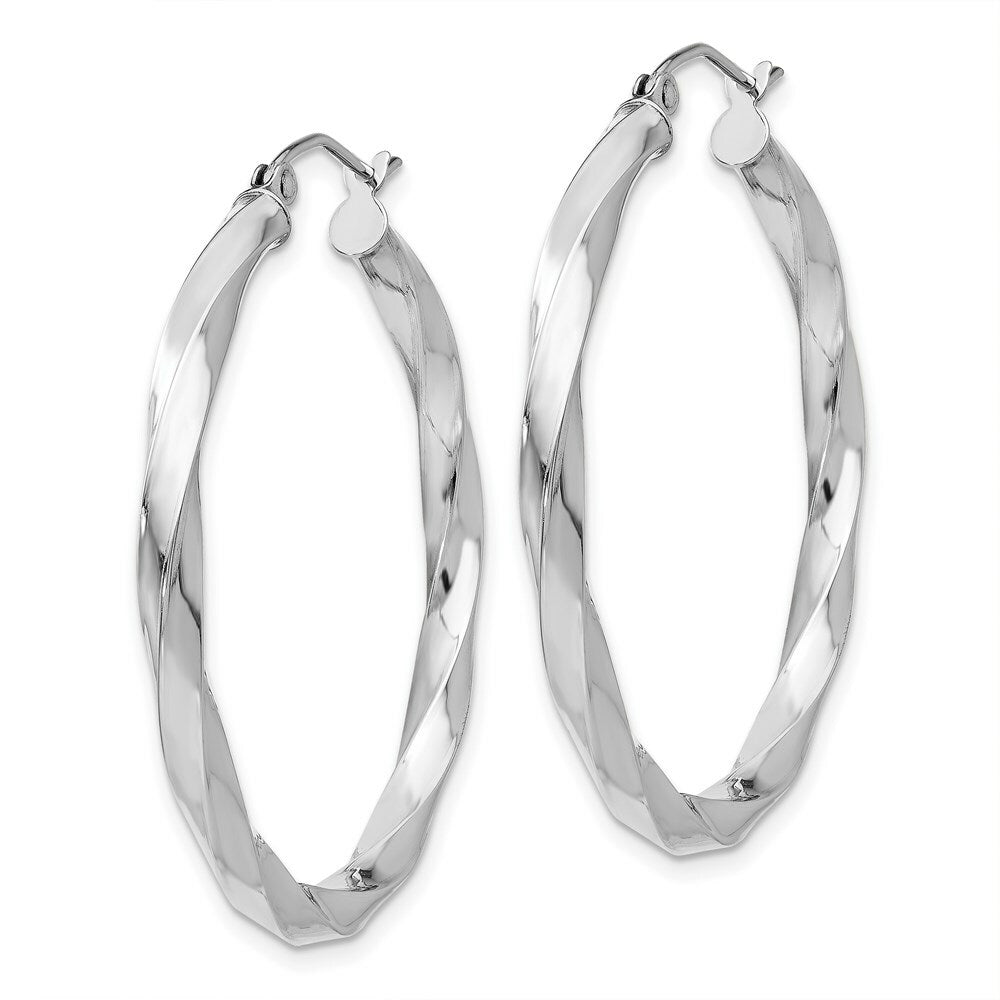 14K White Gold 3mm Twisted Hoop Earrings  26mm length