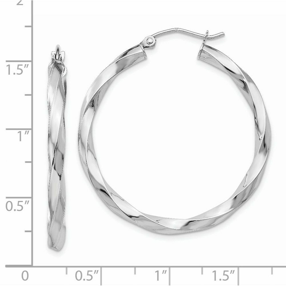 14K White Gold 3mm Twisted Hoop Earrings  26mm length