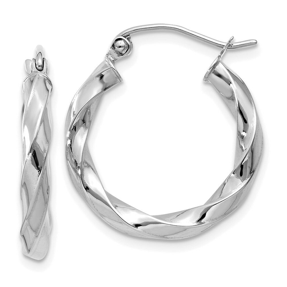 14K White Gold 3mm Twisted Hoop Earrings  16mm length