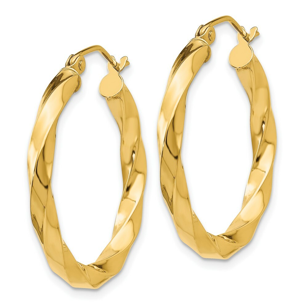 14K Yellow Gold Polished 3mm Twisted Hoop Earrings 21mm length