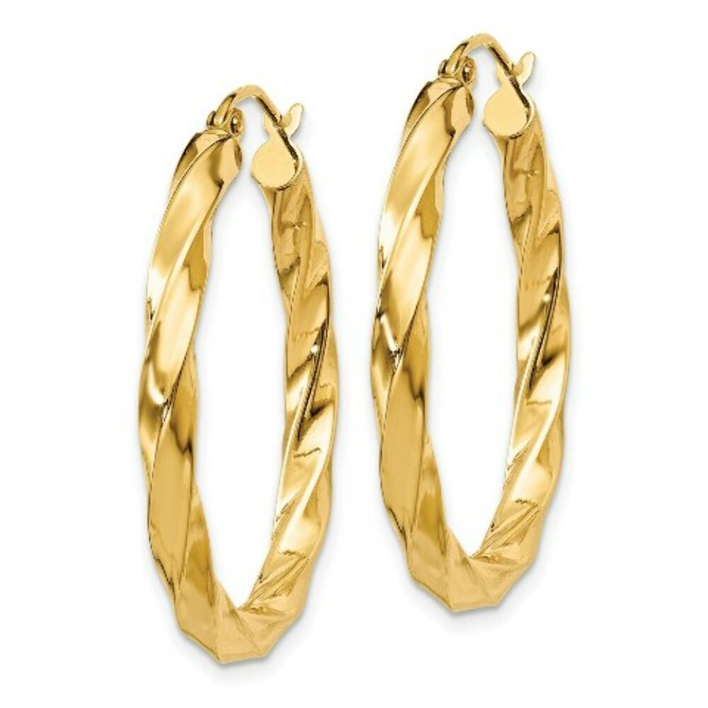14K Yellow Gold Polished 3mm Twisted Hoop Earrings 25mm length