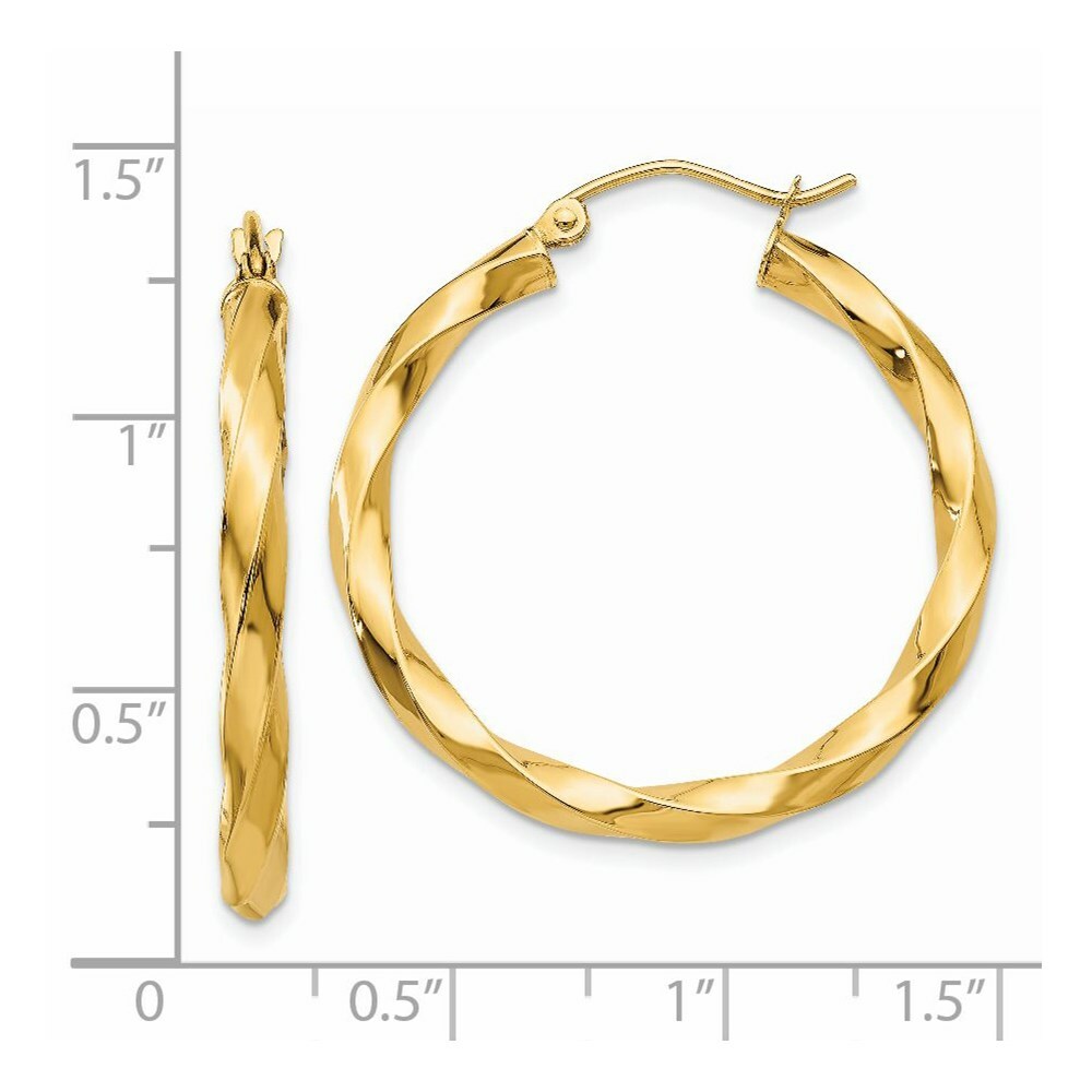 14K Yellow Gold Polished 3mm Twisted Hoop Earrings 25mm length