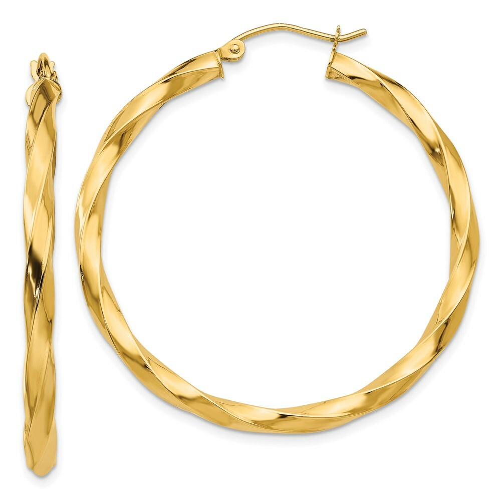 14K Yellow Gold Polished 3mm Twisted Hoop Earrings 32mm length