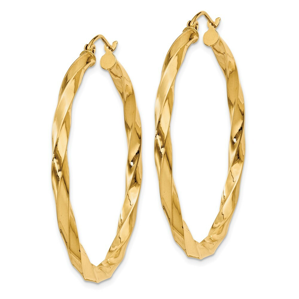 14K Yellow Gold Polished 3mm Twisted Hoop Earrings 32mm length