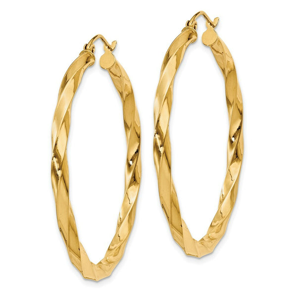 14K Yellow Gold Polished 3mm Twisted Hoop Earrings 32mm length