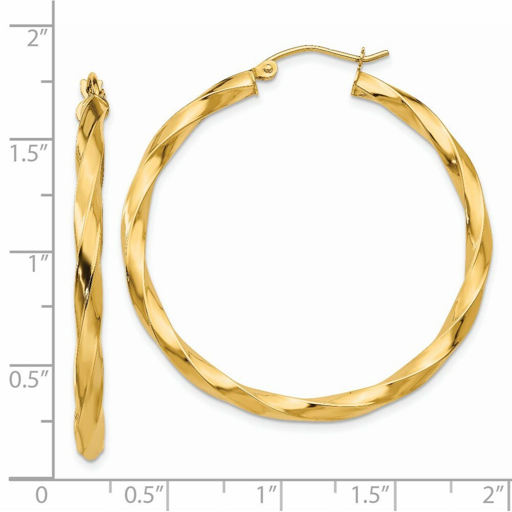 14K Yellow Gold Polished 3mm Twisted Hoop Earrings 32mm length