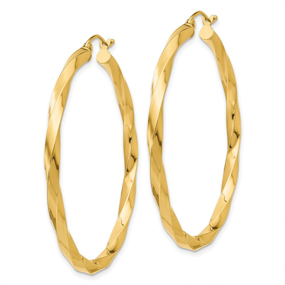 14K Yellow Gold Polished 3mm Twisted Hoop Earrings 38mm length