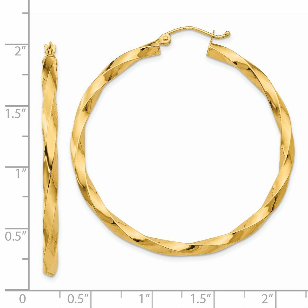 14K Yellow Gold Polished 3mm Twisted Hoop Earrings 38mm length