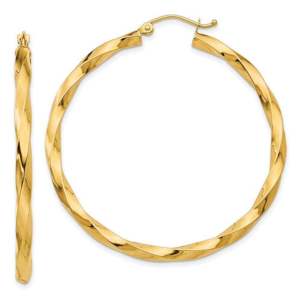 14K Yellow Gold Polished 3mm Twisted Hoop Earrings 38mm length