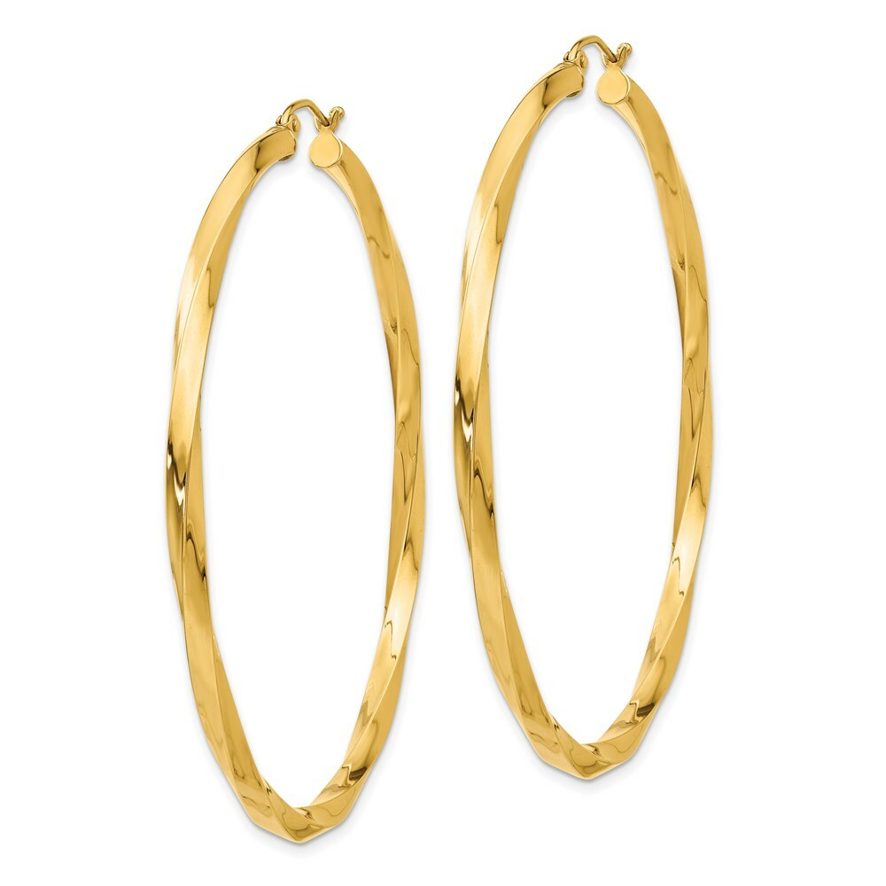 14K Yellow Gold Polished 3mm Twisted Hoop Earrings 16mm length
