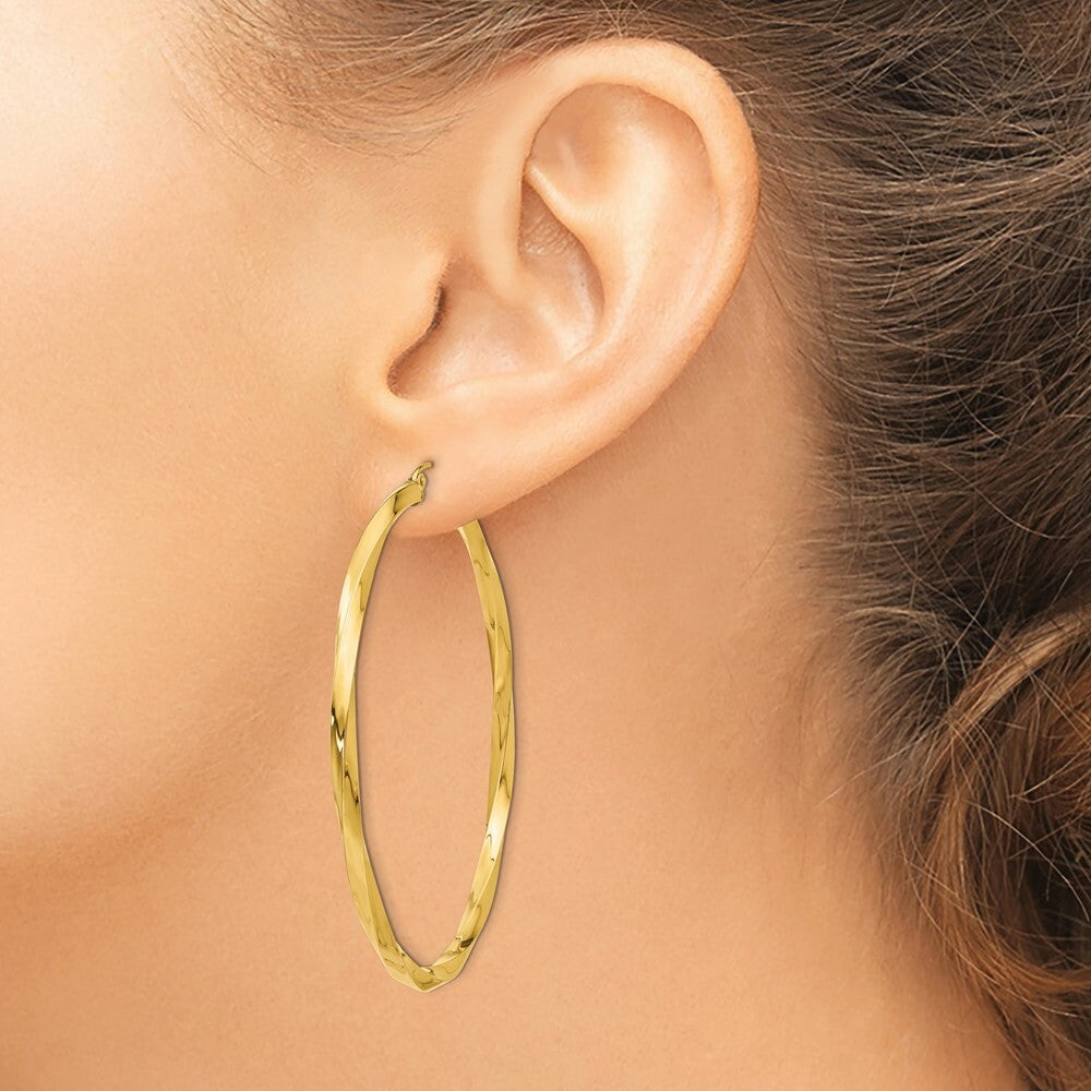 14K Yellow Gold Polished 3mm Twisted Hoop Earrings 16mm length