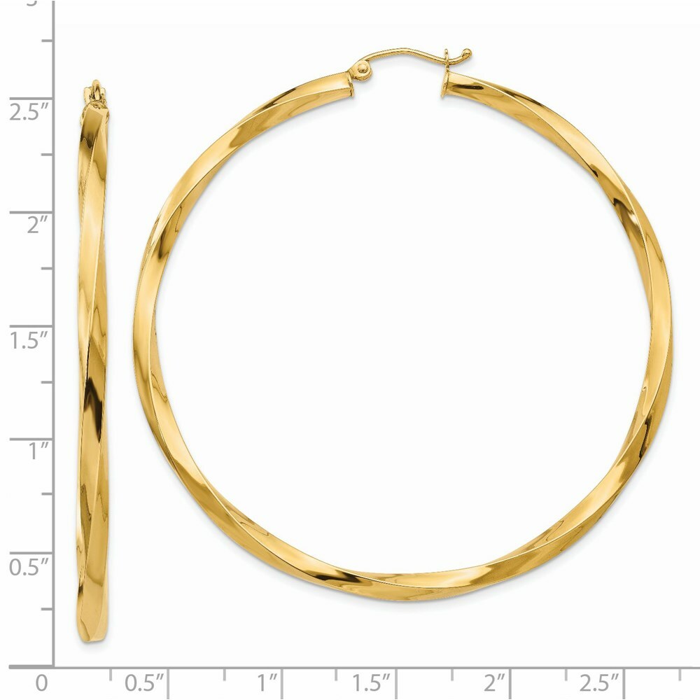 14K Yellow Gold Polished 3mm Twisted Hoop Earrings 16mm length