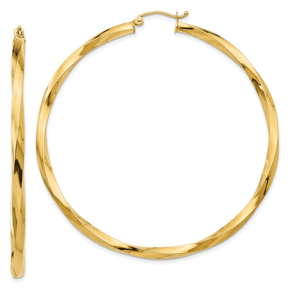 14K Yellow Gold Polished 3mm Twisted Hoop Earrings 16mm length
