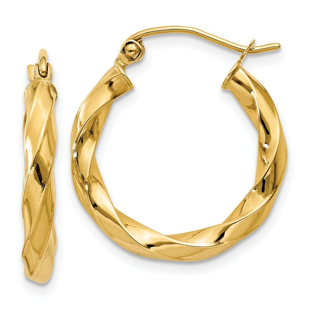14K Yellow Gold Polished 3mm Twisted Hoop Earrings 16mm length
