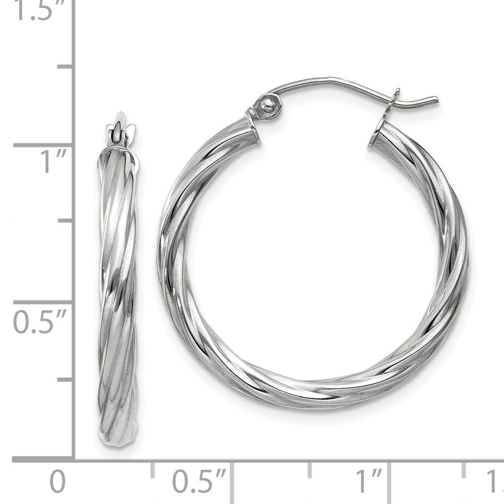 14K White Gold Polished 3.25mm Twisted Hoop Earrings  20mm length