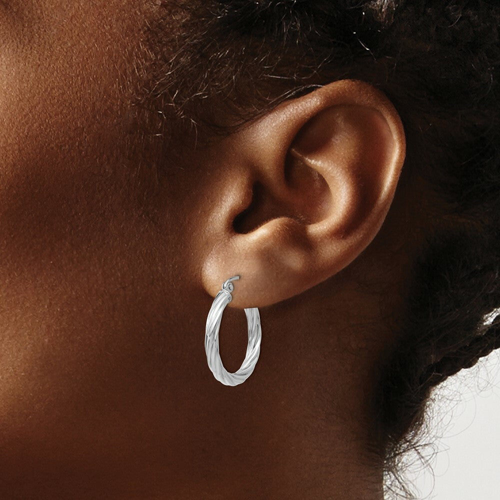 14K White Gold Polished 3.25mm Twisted Hoop Earrings  15mm length