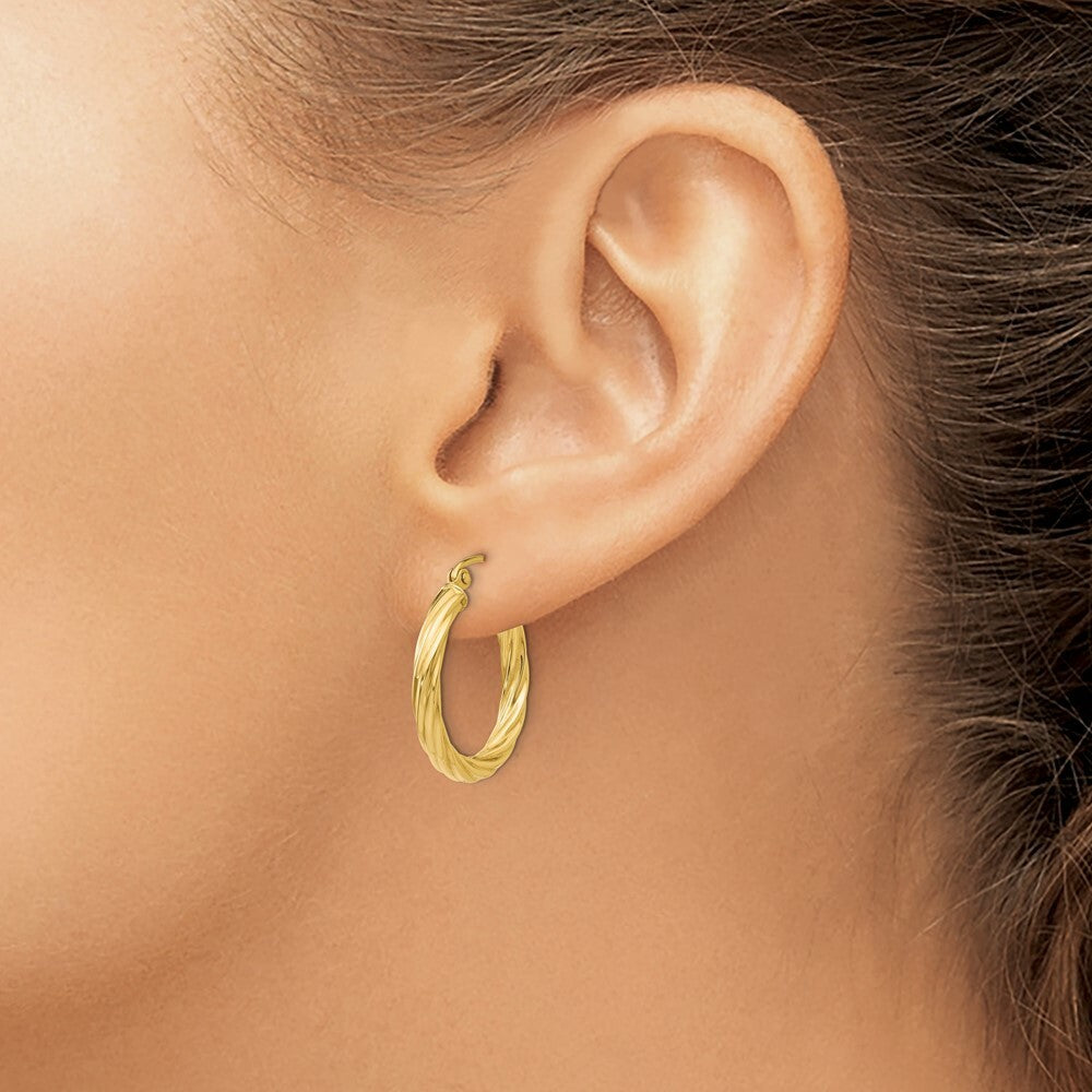 14K Yellow Gold Polished 3.25mm Twisted Hoop Earrings  14mm length