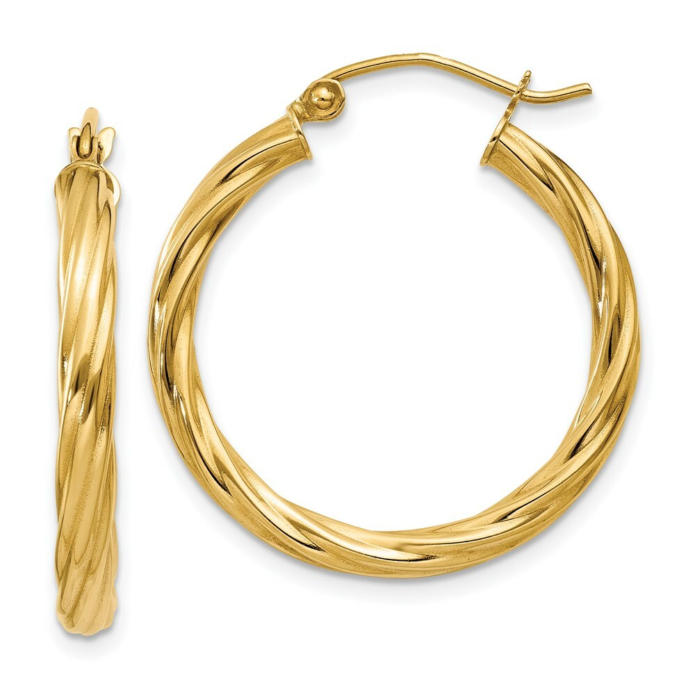 14K Yellow Gold Polished 3.25mm Twisted Hoop Earrings  20mm length
