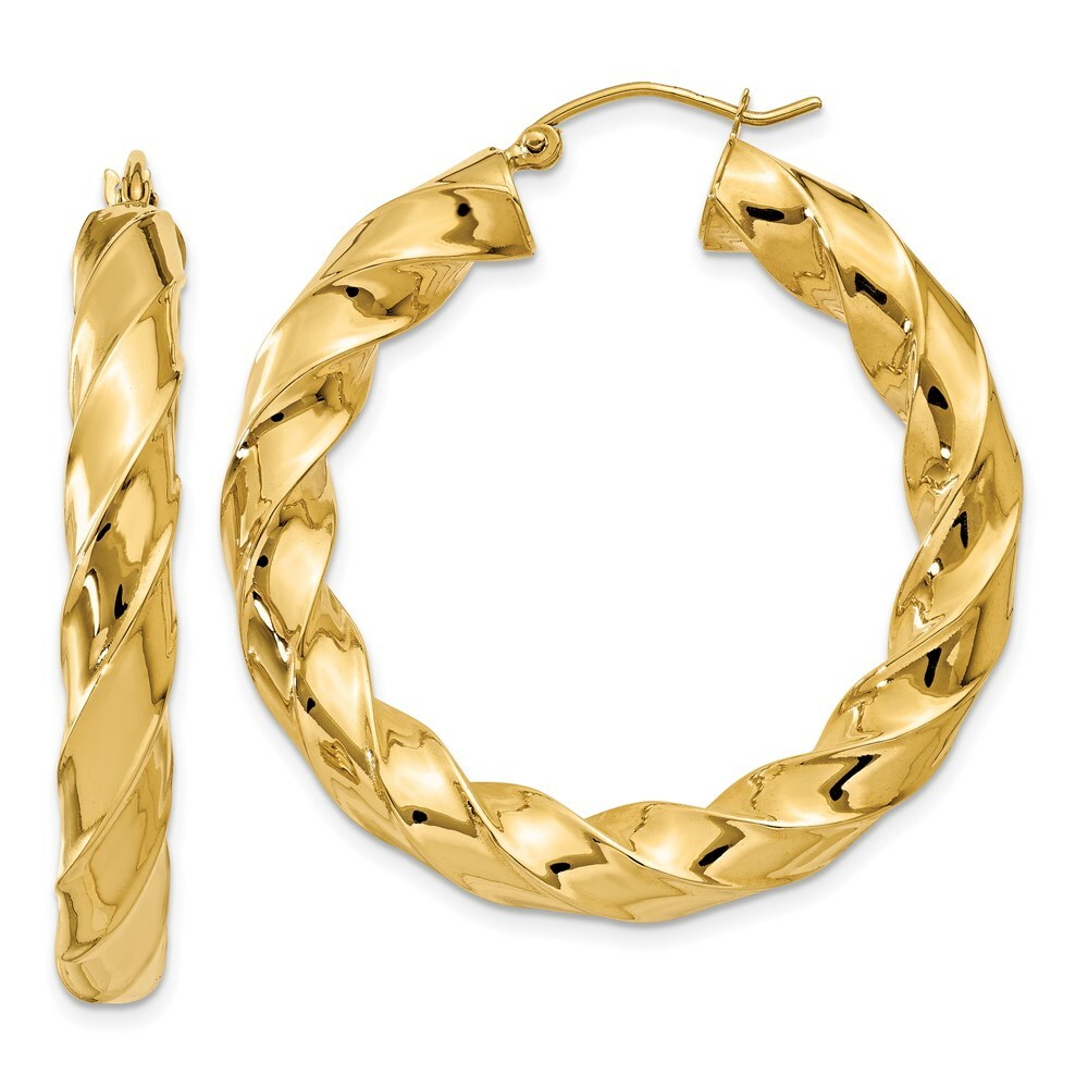 14K Yellow Gold Polished 5mm Twisted Hoop Earrings 27mm length