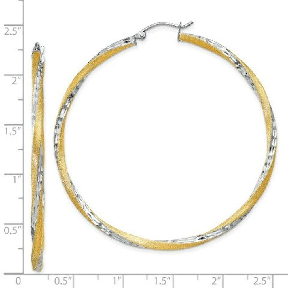 14K Yellow Gold & Rhodium Diamond-cut 2.5mm Twisted Hoop Earrings 55mm length