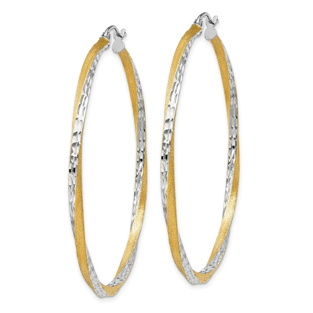 14K Yellow Gold & Rhodium Diamond-cut 2.5mm Twisted Hoop Earrings 50mm length