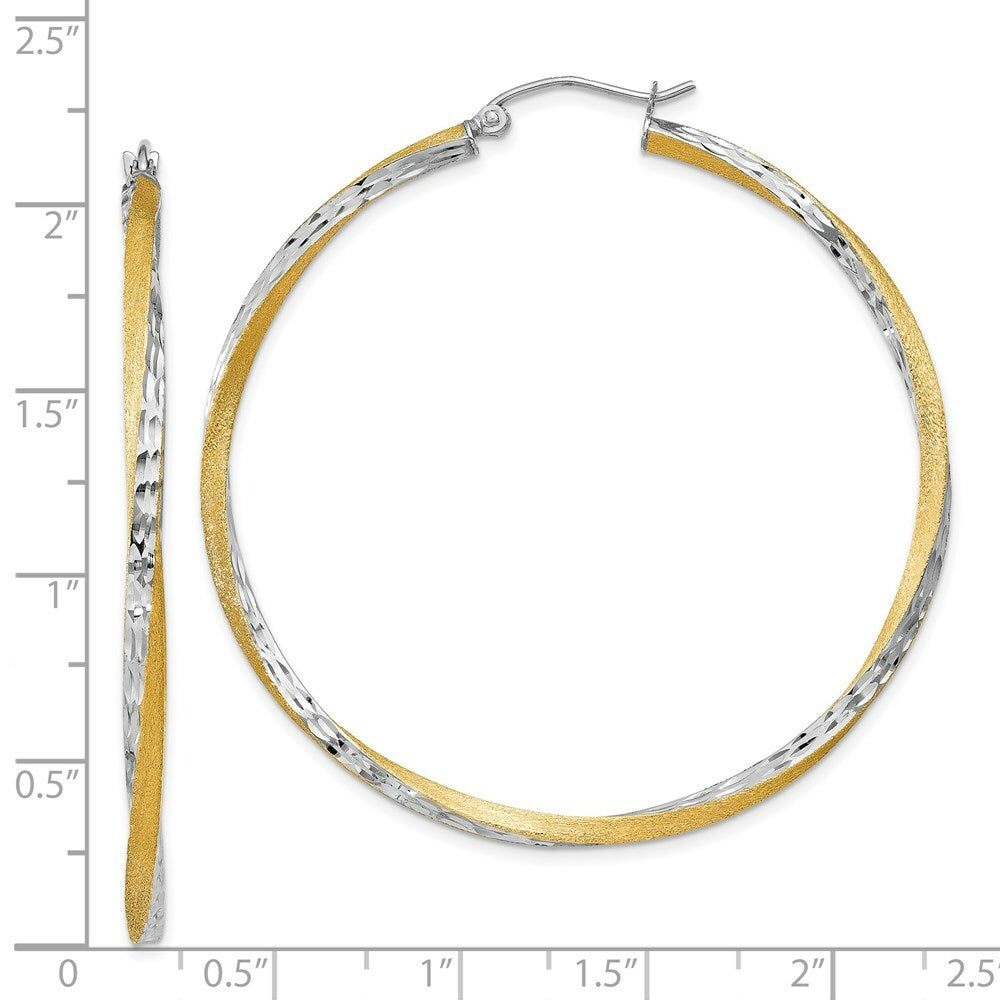 14K Yellow Gold & Rhodium Diamond-cut 2.5mm Twisted Hoop Earrings 50mm length