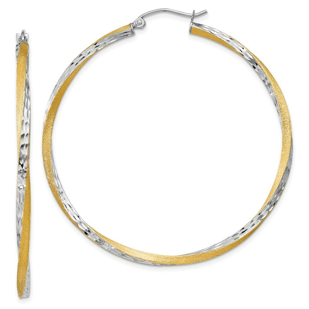 14K Yellow Gold & Rhodium Diamond-cut 2.5mm Twisted Hoop Earrings 50mm length